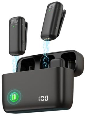 EUDAMAIF 2pcs Micro Cravate sans Fil (avec Boîtier de Chargement) avec Suppression du Bruit, Micro Cravate sans Fil pour Smartphone USB C, Portée de Transmission 98ft