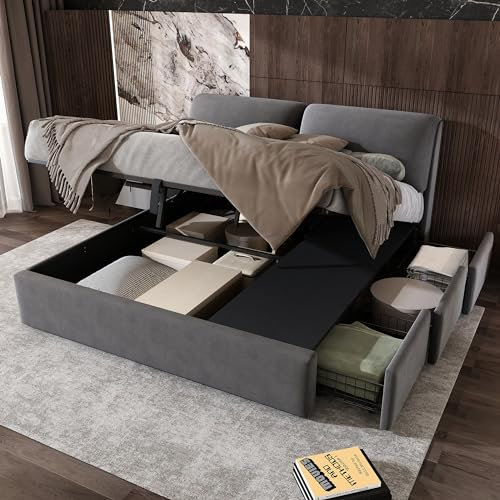 ZUUYEE Hydraulisches Bett 180x200 mit Lattenrost, Polsterbett mit DREI Schubladen, Lattenrost mit Kopfteil, ohne Matratze, Samt, Grau