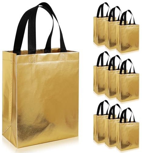 PHOGARY Reusable Gift Bags for Presents – 12 Luxury Birthday Gift Bag Medium Size(25x15x10cm) for Women, Non-Woven Shiny Gold Bags, Gold Reusable Bag for Baby Shower, Wedding
