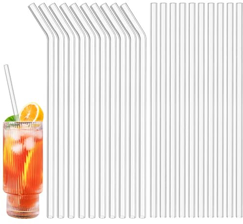 Glass Straws – 24pcs Clear Glass Straw Set, 10'' Reusable Straws with Cleaning Brush for Tumblers, Tervis, Mason Jars (Clear)