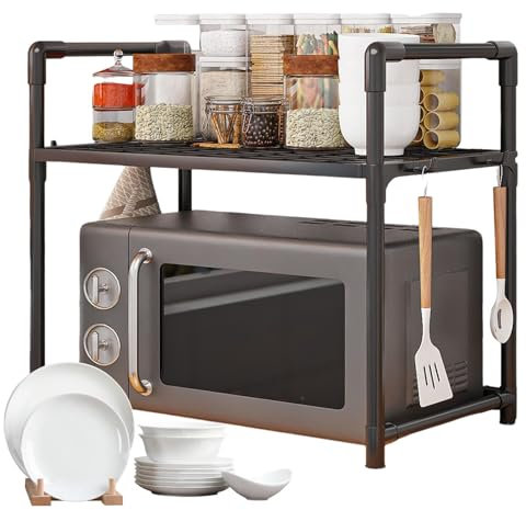 Estante para panaderos de cocina, estante para microondas - Organizador de cubiertos y utensilios de encimera de cocina,Estante de almacenamiento para uso general resistente ajustable con ganchos para