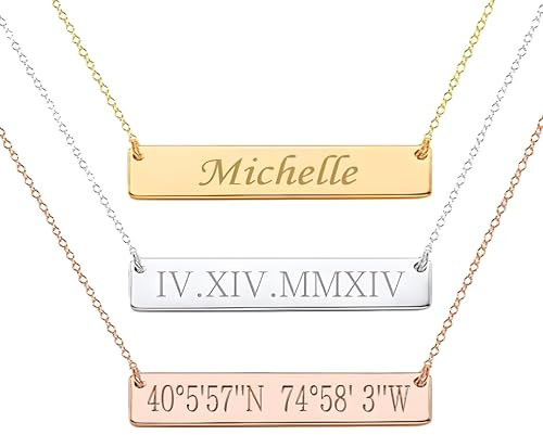 AJ LONDON™ Custom Personalised Bar Necklace Name Date Pendant Laser Engraved Gift