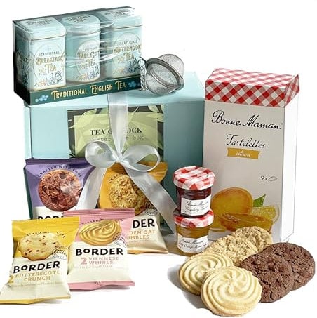 Tea O'Clock Afternoon Tea Hamper - Gift Set With French Tartalets, Biscuits, Jam, Marmalade & Tea – Food Hamper For 2 - Ideal for Birthdays - Handmade in the UK