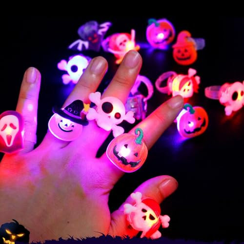 CHENRI 20 Stück Luminous Halloween Rings & Brooches, Leuchtende Halloween Ringe & Broschen, Halloween LED leuchtende Ringe für Kinder, Halloween Party leuchtende Spielzeug für Jungen Mädchen (Ringe)