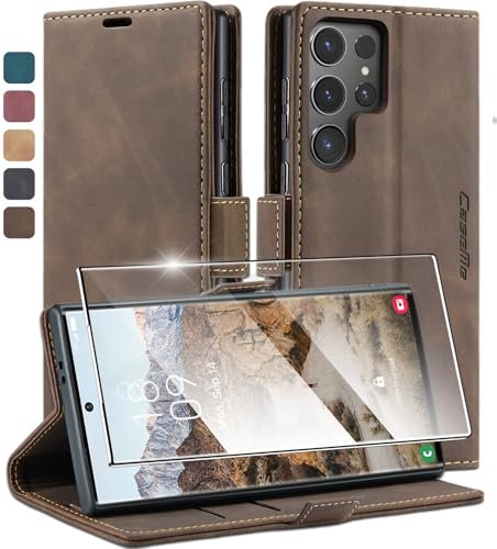 Premium Leder Flip Hülle für Samsung Galaxy S24 Ultra 5G – [Inklusive kratzfestem Displayschutz] – 360° Rundum-Schutz mit Kartenfächern, Magnetverschluss S24 Ultra (Kaffeebraun, Samsung S24 Ultra)
