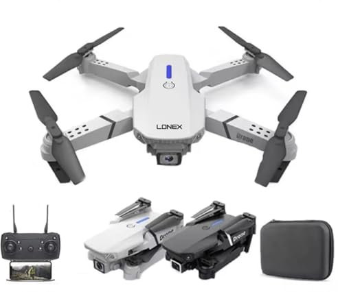 Lonexo V3 Drone E88 4k Dual wide-angle HD camera WiFi height Hold Foldable RC quadrotor helicopter Rechargable Camera-free children's toys (White)