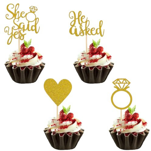 Cupcake-Topper mit Aufschrift She Said Ye, goldfarben, glitzernd, Kuchendekoration, Hochzeit, Liebe, Herz, I Do, Diamant-Ring, Kuchendekorationen für Hochzeit, Brautparty, Party, Kuchendekorationen,