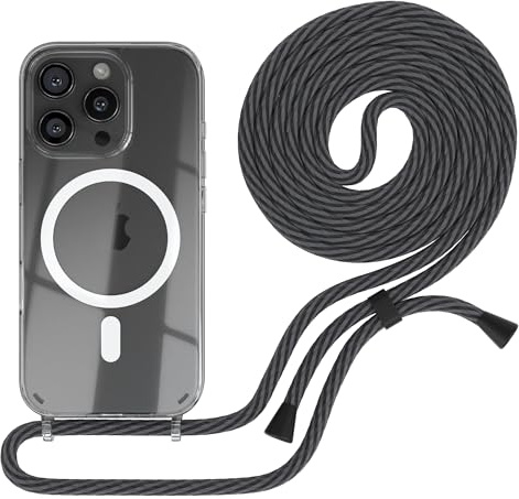 EAZY CASE - Handykette kompatibel mit iPhone 16 Pro Kette zum Umhängen Stoßfest Handyhülle Apple iPhone 16 Pro Silikon Hülle mit Band Handytasche als Fallschutz in Schwarz/Anthrazit - Clips Schwarz