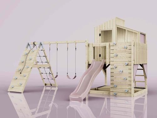 PolarPlay Spielturm Finn aus Holz in Rosa Kinderschaukel