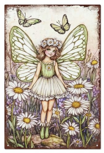 WADORN Blumenfee Vintage Metall Blechschild Daisy Fairy Retro Garten Poster Aus Metall Originelles Gartengemälde Heimwandkunst Poster Plaketten Für Schlafzimmer Wohnzimmer Café Kneipe 20x30cm