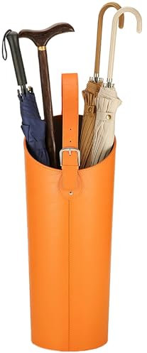 Porte-parapluie en cuir orange de grande capacité avec plateau d'égouttement et crochets pour entrée, terrasse, garage et bureau, peut contenir 5 à 10 parapluies longs, 20 x 57 cm
