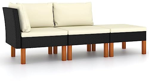 Myheimly 3-TLG. Garten-Lounge-Set Poly Rattan und Eukalyptus Massivholz Schwarz Sofa-Mittelteil Sofa-Eckteil Fußhocker