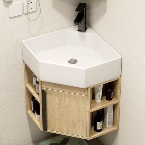 YUGXTH Lavabo d'angle, Évier d'angle en Céramique, Lavabo de Salle de Bain d'angle a Montage Mural, Lavabo Salle avec Robinet et Drain, pour Cuisine et Maison(Natural,40cm/15.7in)