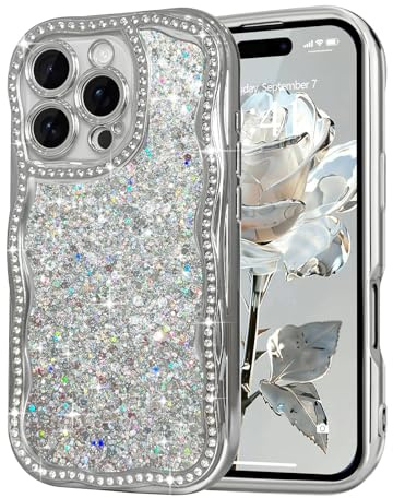 Ethanger Glitter Rhinestone Case for iPhone 16 Pro Max, Bling Back, Silver | Electroplated Wave Bumper, Crystal Diamond Design Cover, Protective Shockproof for Women Girls