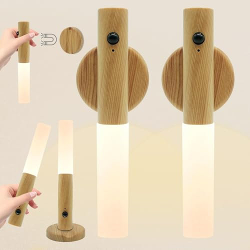 Ycaaeo 2PCS Applique da Parete Interno, LED Lampada Da Parete Interno, Applique Con Sensore Di Movimento, Lampada Da Parete Batteria Ricaricabile Magnetica Senza Fili, applique da parete in legno
