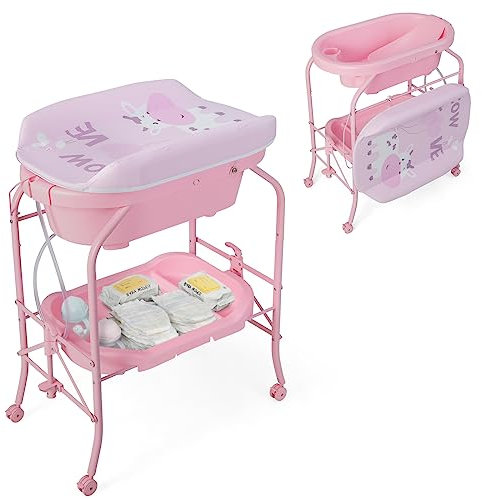 RELAX4LIFE 2 in 1 Fasciatoio con Vaschetta Bagnetto per Neonato, Fasciatoio Pieghevole con 4 Ruote Bloccabili, Bagnetto per Neonati 0-12 Mesi, Carico 15KG (Rosa)