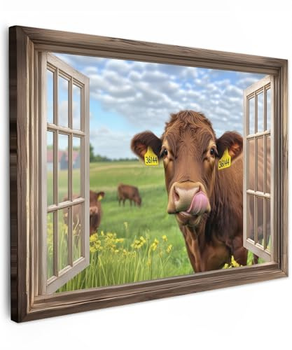 MuchoWow© Leinwandbilder Wall Art Decoration Bilder für die Wand | 80x60 cm - Schlafzimmer Deko Canvas Painting Wanddekoration Wohnzimmer Fensterblick - Kuh - Wiese - Landschaft - Tiere