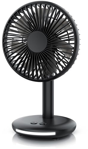 CSL – Ventilador de mesa inalámbrico – con batería – Mini ventilador USB – Motor DC sin escobillas silencioso – Barra de luz en la base – Negro