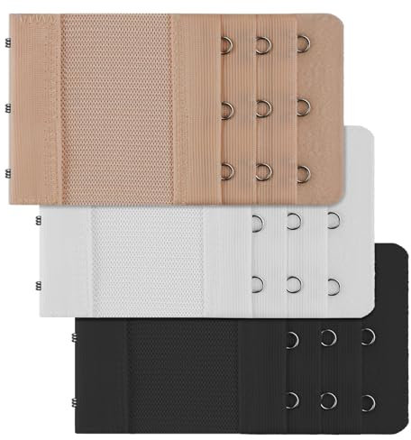 Lethiemta 3PCS Bra Extenders, Stainless Steel Hook Stretchy Women's Bra Extenders, Soft and Comfortable Bra Strap Extender with 3 Hooks 3 Row Bra Extension for Girls (Black+White+Apricot-3 Hook)