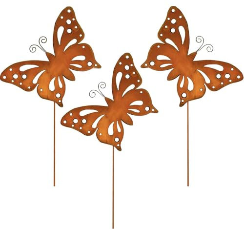 Voarge 3er Rost Schmetterling Gartenstecker, für draußen Rost Schmetterling Gartendeko, Rostige Metall Blumenstecker Deko für Garten Terrasse Balkon Blumentopf