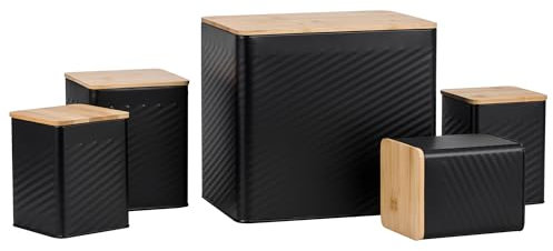 EHC 5 piece Kitchen Storage Canister Set - Tea, Coffee, Sugar, Biscuit, & Bread bin With Lid, Airtight Containers with Lid, Jars Set of 5, Kitchen Accessories & Essentials, Black