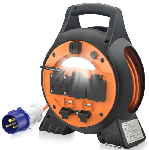 15M Camping Electric Hook Up Cable with LED Light and 2 USB Ports & 3 UK Sockets, Extension Cable Reel IP44 Rated, 10A Circuit Breaker – Ideal for Camping, Caravans, Motorhomes & Construction Sites