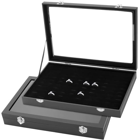 MOUYAT 2 PCS Ring Display Box, 100 Slots Ring Display Case with Clear Lid, Velvet Jewelry Organiser Tray for Shop Showcase Home Organisation, 35 x 24 x 5 cm