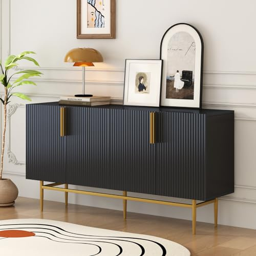 OLIVIBED Sideboard mit 4 Türen, Moderne Anrichte mit Goldfarbenen Metallbeinen und Goldene Griffe, Buffetschrank für Esszimmer, Wohnzimmer, Schlafzimmer, Flur, Schwarz, 152.5x40.5x80cm