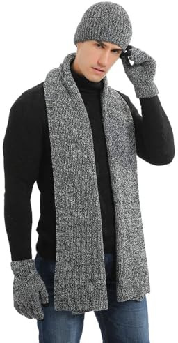 KRUIHAN Mütze Schal Set Herren mit Handschuhe Touchscreen,Strick Fleece Beanie Mütze und Schlauchschal Herren Warme Handschuhe Männer Winter 3-Teiliges Geschenkset für Männer und Jugendlich