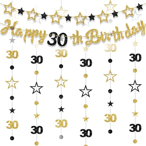 30 Geburtstag Deko Schwarz Gold - 8 Stück Happy 30th Birthday Banner Girlande Sterne Glitzer Party Dekoration für Frau Mann Mädchen Jungen Jubiläum Feier 30. Geburtstag Deko