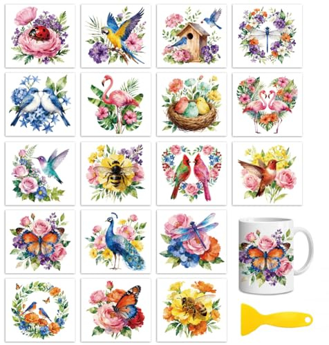 Peacoblue Rub on Aufkleber,Vögel und Blumen Transfersticker UV DTF | 18 Blatt wasserfeste UV DTF sticker Rub On Folien für Holz, Glas, Metall, Becher, Spiegel und DIY Wohndekoration