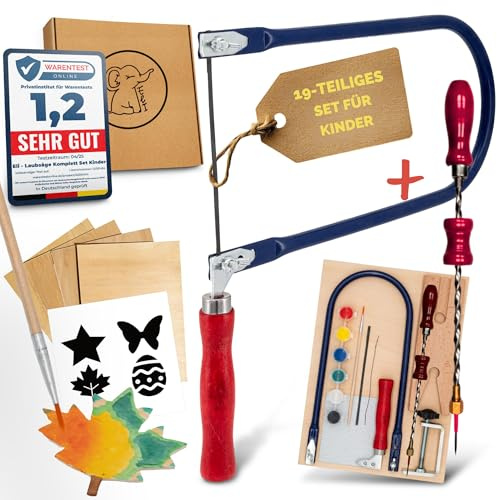 Eli Bladsåg för barn – komplett set inklusive handborr för lövsågar inklusive kreativa mallar – lövsågsskivor – färger – pensel – sandpapper – trä – presentidé pojke och flicka
