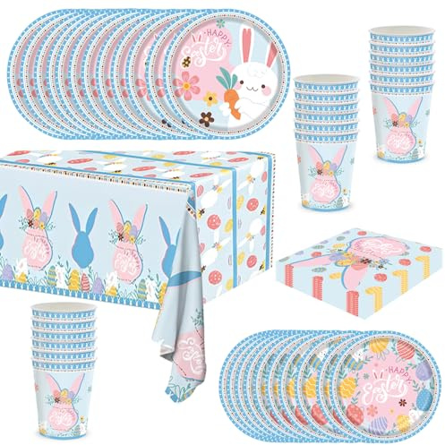 Henbrui Easter Party Tableware Set for 16 Guest,69Pcs Blue Pink Bunny Egg Dinnerware Set Plastic Easter Table Cloth Cover,Paper Plates,Napkins and Cups for Easter Party Supplies Table Decorations