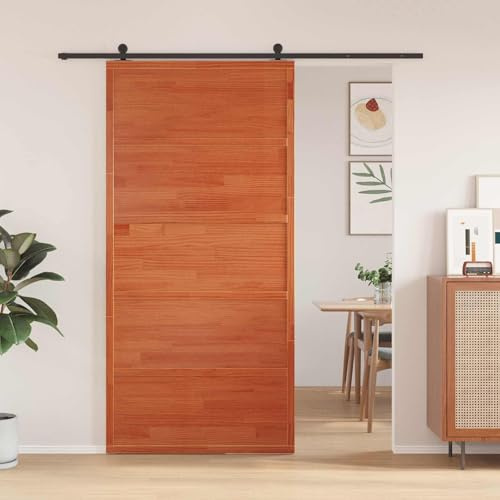 Porta scorrevole in legno di pino massiccio marrone cerato, porta scorrevole rustica per interni, struttura scorrevole salvaspazio, 100 x 208 cm