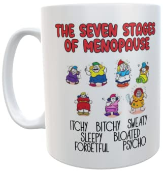 Decalarama Menopause Mug - Seven Stages of Menopause - Funny, Novelty Gift for Women - Microwave Safe, 1 Cup Capacity