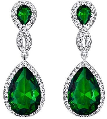 EVER FAITH Mujer Cristal Austríaco Circonita Boda Figura 8 Infinito Lágrima Pendientes Colgante Verde Tono Plateado