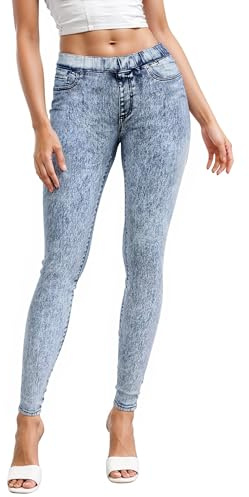 Hybrid & Company Women's Pull On Stretchy Mid Rise Skinny Fit Pants Regular or Distressed Jeans with Long Short Inseam P45944SK Blue Acid S Long