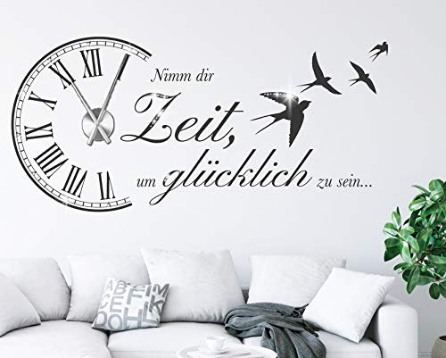tjapalo® s-pkm473 Wanduhr Wandtattoo Uhr Spruch Wohnzimmer Wandsticker Spruch Wandtattoo Nimm dir Zeit um Glücklich zu Sein mit Uhrwerk und Kristallen Küchen Wandtattoo Wohnzimmer