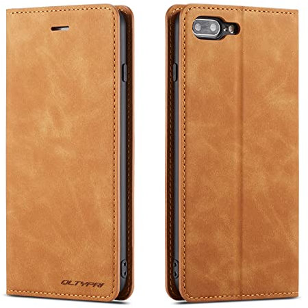 QLTYPRI Case for iPhone 7 Plus 8 Plus, Premium PU Leather Cover TPU Bumper with Card Holder Kickstand Hidden Magnetic Adsorption Flip Wallet Case Cover for iPhone 7 Plus 8 Plus - Brown