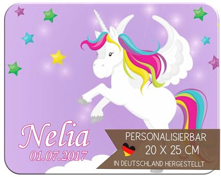 CreaDesign Personalisiertes Kinder Frühstücksbrett mit Namen, 20x25cm, rutschfestes Schneidebrett aus Kunststoff, Einhorn Lila Design, spülmaschinen & mikrowellengeeignet,Schneidbrett für Kinder