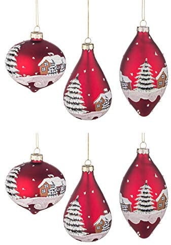 Bizzotto Palle Albero di Natale in Vetro Rosso con Villaggio Innevato, Pendenti a Goccia Ciondoli Decorazioni Natalizie Addobbi