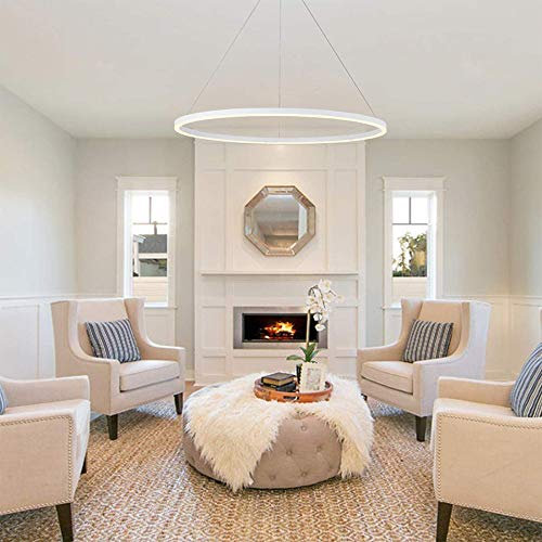 AIRUI 1-Licht Single Circle Pendelleuchte Nordic Modern Ring Lüster Abgehängt Verstellbar LED Hängelampe Für Wohnzimmer Schlafzimmer Esszimmer,White+Neutral Light-60CM 38W