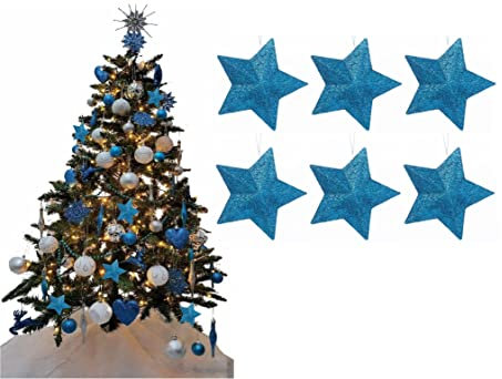 Pack of 6-8cm 3D Glitter Star Baubles Christmas Tree Decorations (Turquoise)