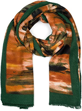 styleBREAKER Damen Schal plissiert mit Pinselstrich Muster gerahmt, Crash Look, warme Winter Stola mehrfarbig 01017148, Farbe:Dunkelgrün-Cognac-Schwarz