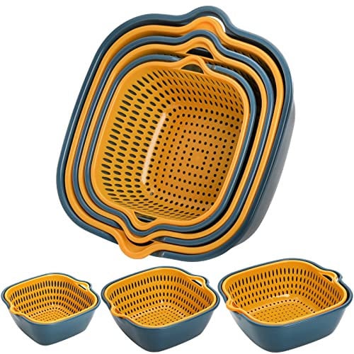 SOUJOY 6 Pack Vegetable Washing Basket, 2-in-1 Drain Colander Bowl Set, Kitchen Fruit Washing Bowl and Strainer, Drain Basin and Basket for Food Vegetables Cleaning