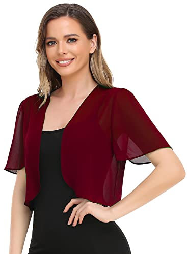 Women Bolero Shrug Soft Chiffon Open Front Sheer Short Sleeve Cropped Cardigans for Evening Dress, Wine Red, XL