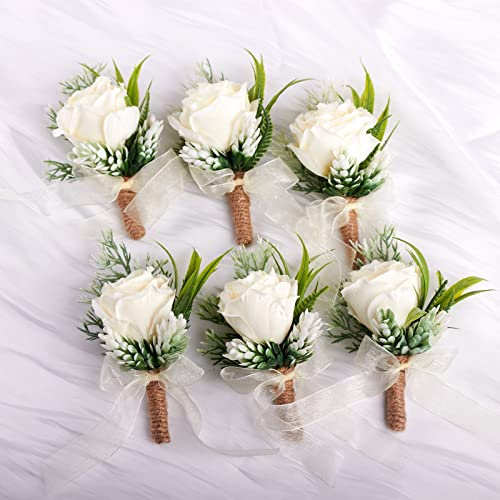 GUZINC Weiße Boutoniere für Herren, Hochzeit, 6 Stück, Bräutigam und Trauzeugen, Boutonniere, Blumenblume für Hochzeit, Zeremonie, Jahrestag, Dinner-Party