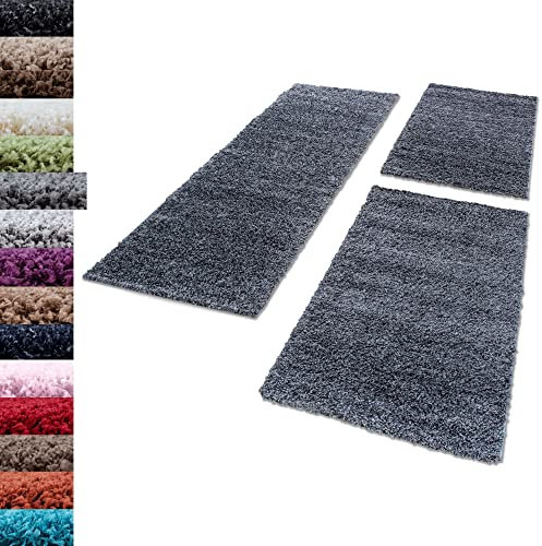 Carpettex Bettumrandung Schlafzimmer 3teilig Shaggy Teppich Hochflor Einfarbig Grau Bettset:2 mal 60x110 + 1 mal 100x200 - Bettvorleger Schlafzimmer Läuferset Weicher Flauschig Bettumrandung Teppich