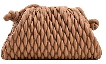 ELDA Knödeltasche für Damen, gesteppt, Clutch, Handtasche, Wolke, Geldbörse, modisch, gerüscht, handgefertigt, Leder, Khaki, Medium