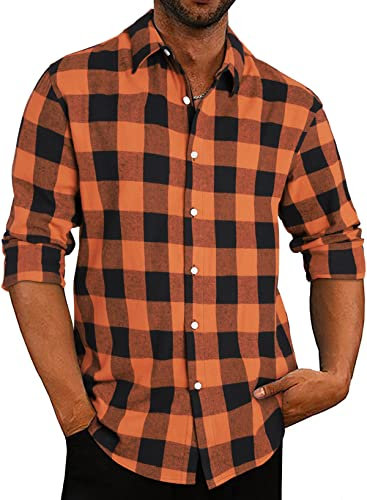APOONABA Chemise Flanelle Homme Manches Longues À Carreaux Chemises Plaid Flannel Shirts Bouton Chemise Coton Hommes Casual Shirt Regular Fit Hiver Printemps Automne Orange XL